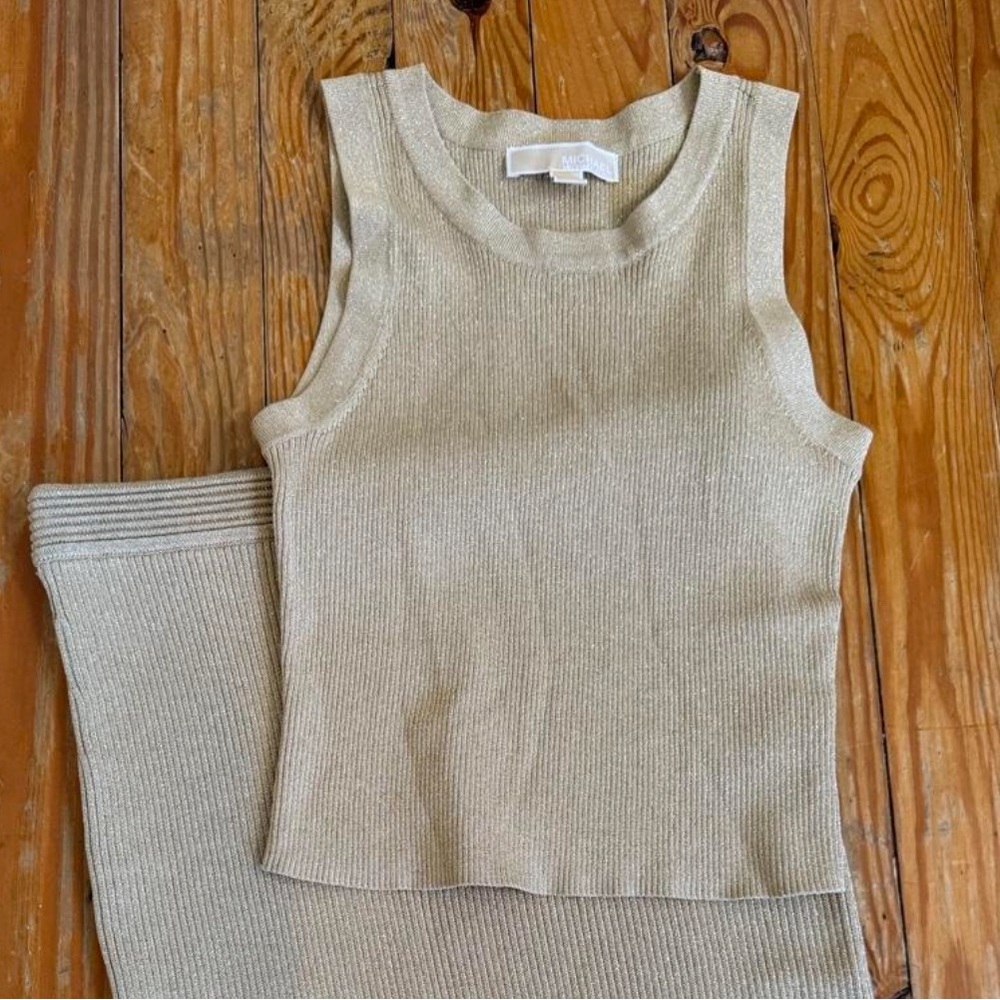 Michael Kors Metallic Gold Ribbed Knit 2 Piece
Skirt Set Tank Midi